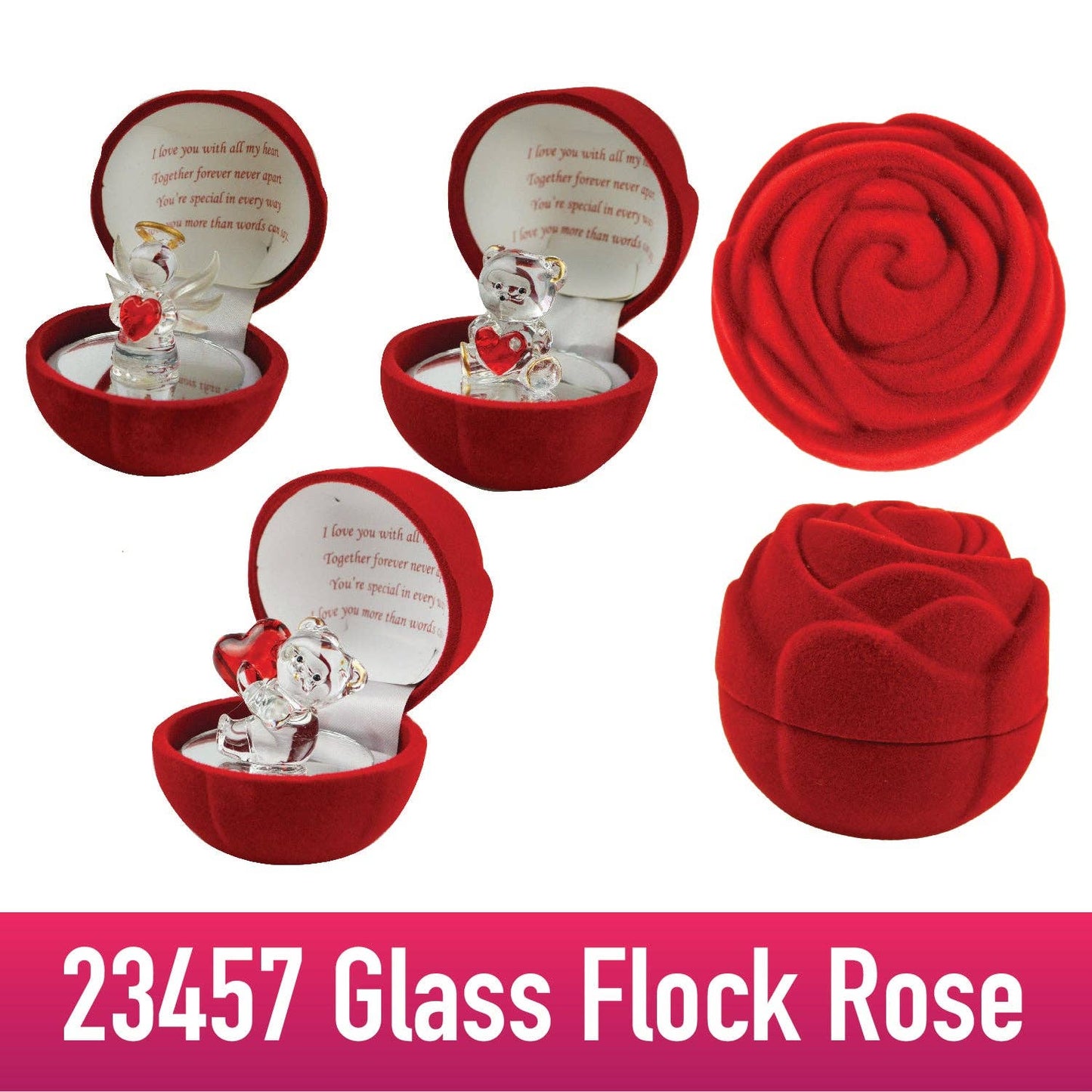 Novelty Closeout - Valentine's Day Love Glass Flock Rose Gift Assortment- 5/Pk