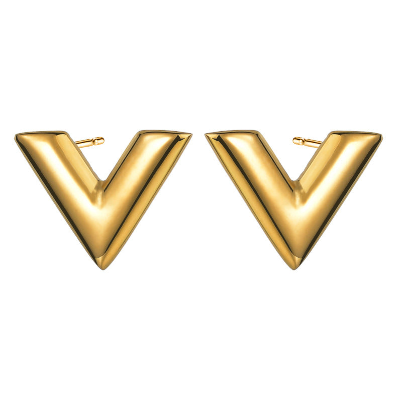 Stainless Steel Simple V-shaped Necklace Bracelet Ear Studs Suit