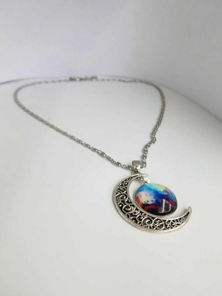 Crescent Moon Pendant And Aurora Medallion Necklace Silver