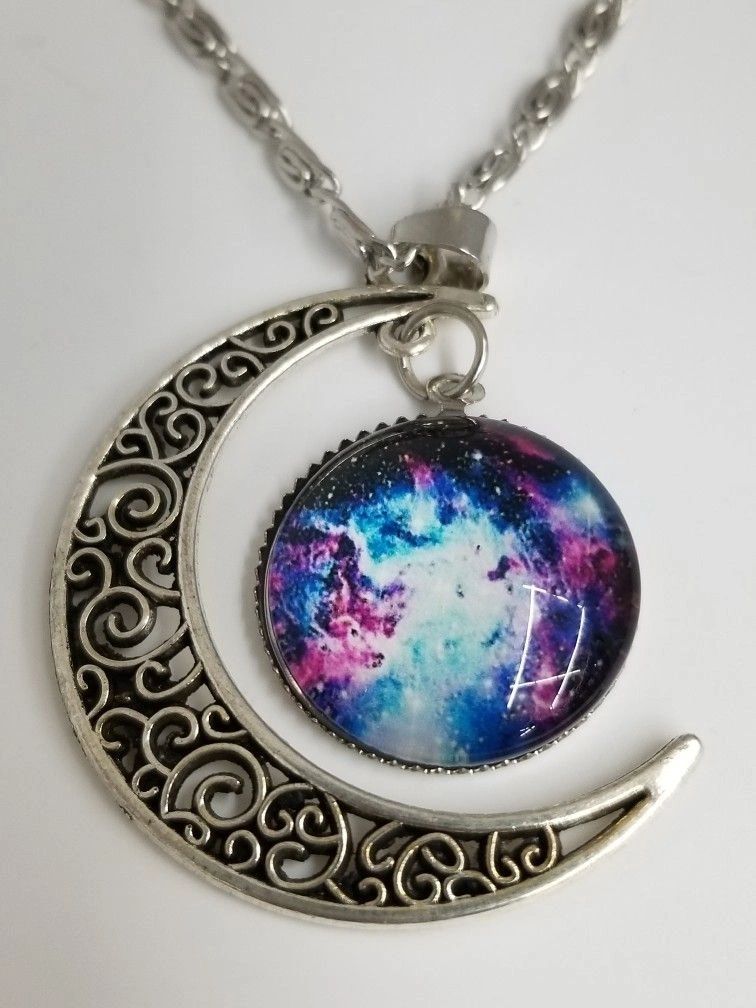 Crescent Moon Pendant And Blue Aurora Medallion Necklace
