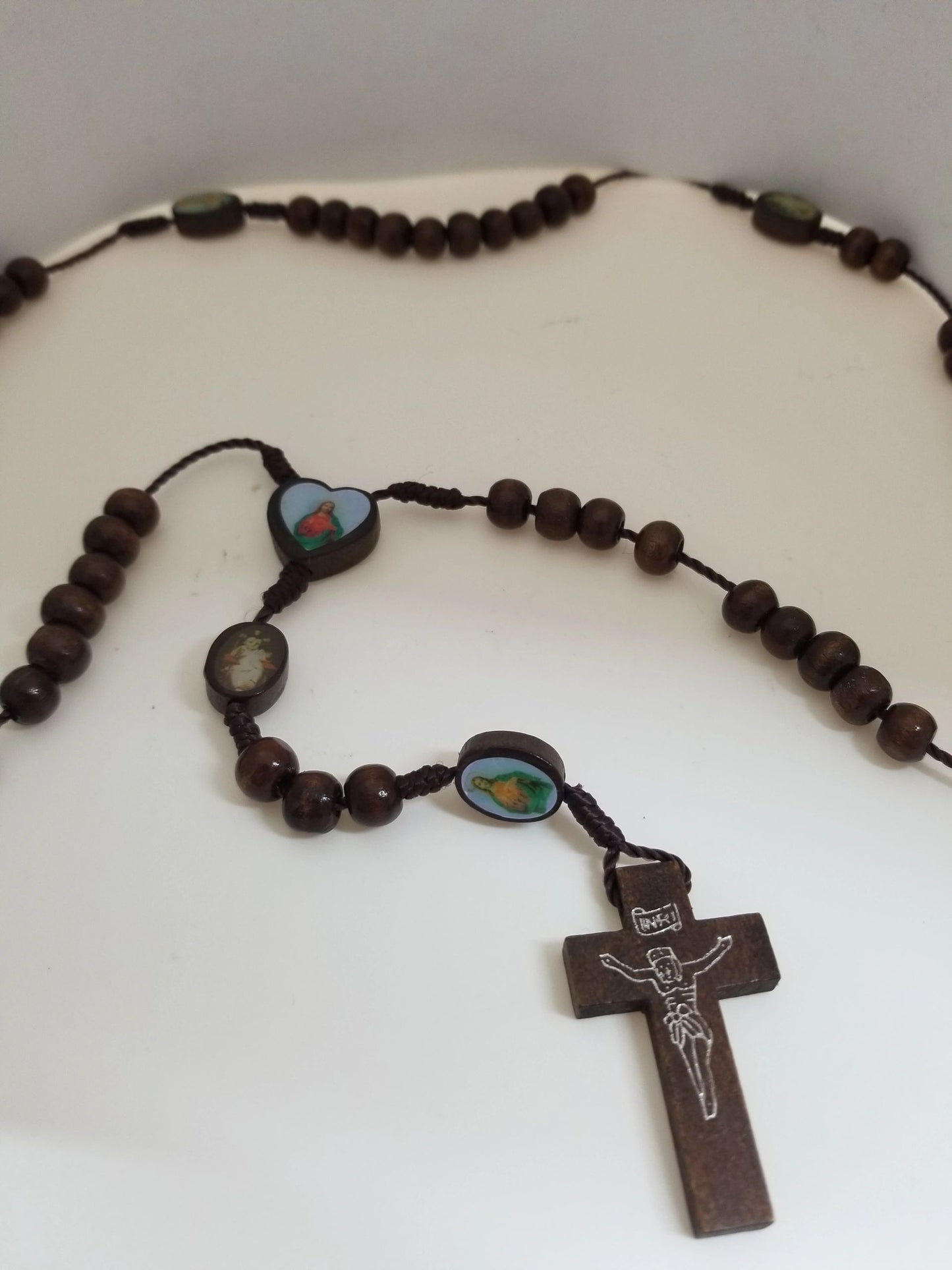 Rosary-style Wooden Crucifix w/ Beaded Cord Necklace