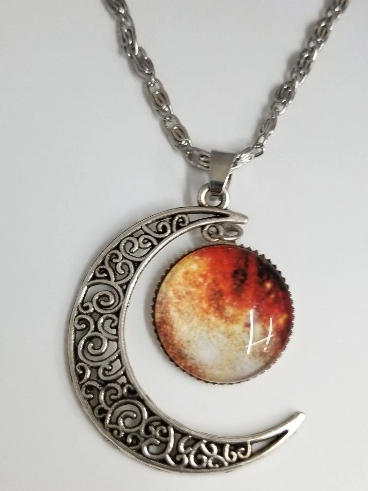 Crescent Moon Pendant And Flame Medallion Necklace