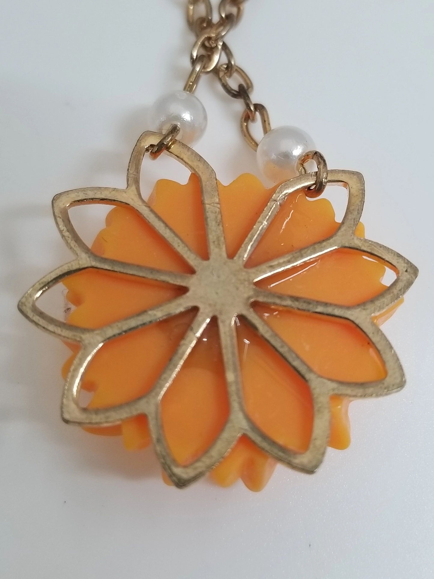 Orange Floral Gilded Pendant w/ Chain Necklace