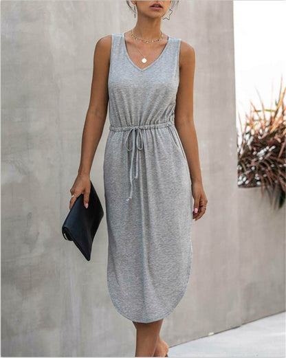 Irregular Cinched Round Neck Vest Dress