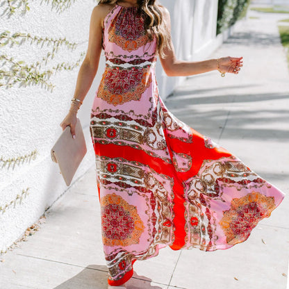 Retro Exotic Style Printed Dress Bohemian Halter Beach Dress Women