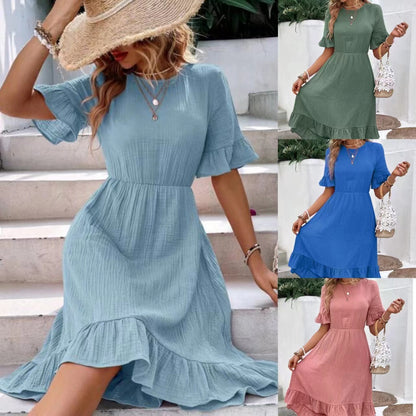 Large Swing Solid Color Waist Tight Casual Pleated Round Neck Flared Short Sleeve Cotton And Linen Dress