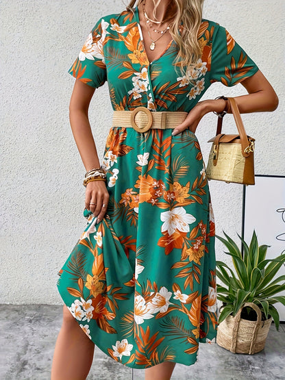 V-neck Short Sleeve Printed Midi Dress