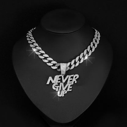 Alloy Letter NEVE RGIVE UP Pendant Full Diamond Necklace