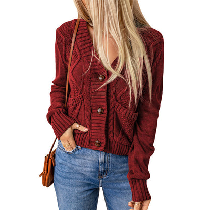 Summer Solid Color Knitted Cardigan Pocket Button Texture Long Sleeve