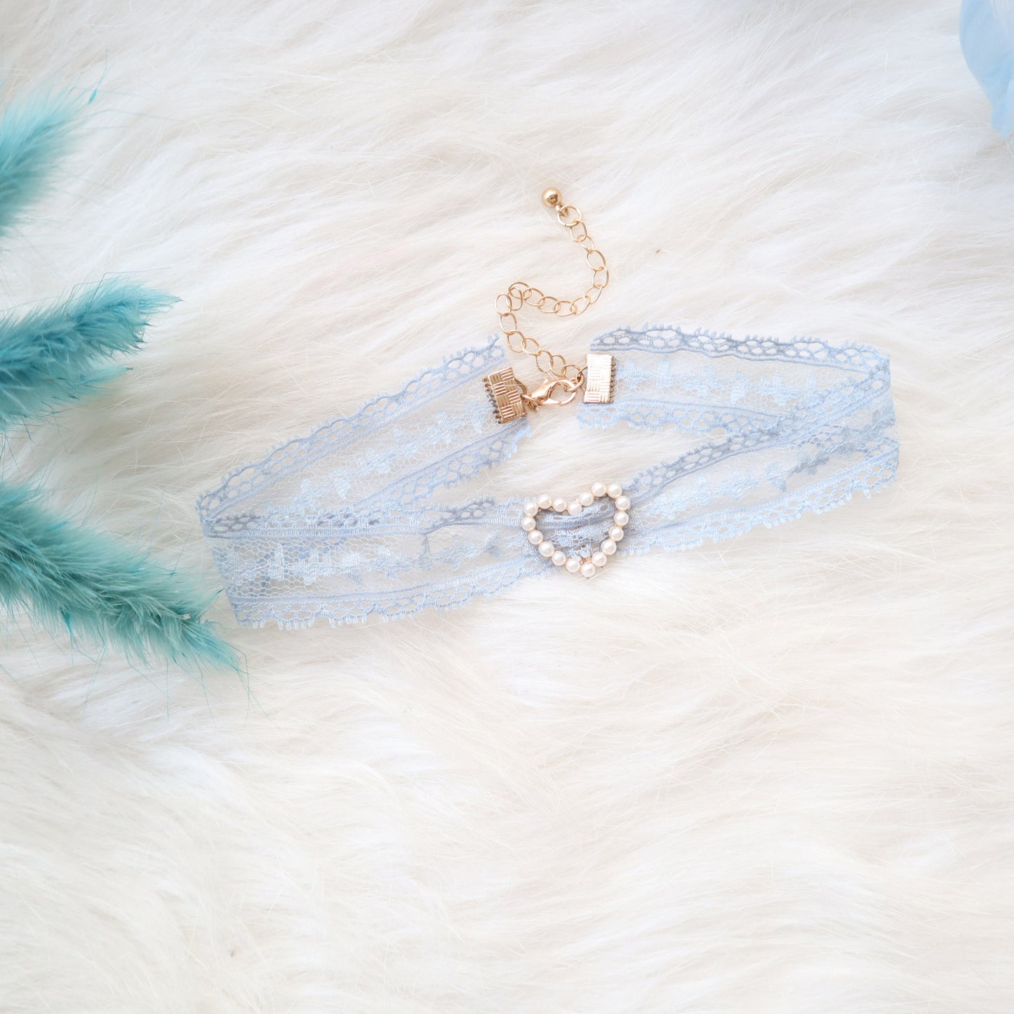 Sweet Accessory Gray Blue Lace Ribbon Pearl Choker Necklace