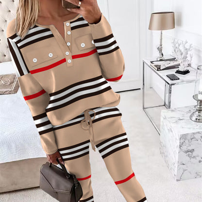 Women's Fashion High Collar Long Sleeve Pocket Trousers Casual Two-piece Suit