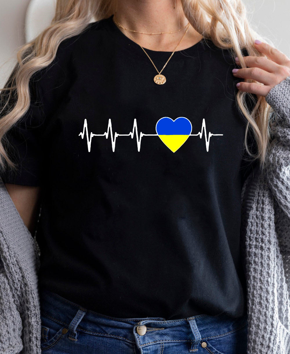 European And American Fashion Tops-shaped Blue And Yellow Heart Printed Round Neck Short Sleeve