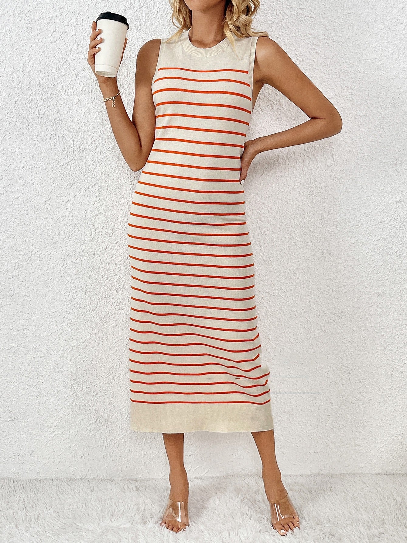 Slim Women Knitted Shirt Striped Long Fashion Dress