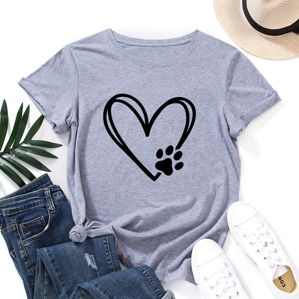 Women's Loose Round Neck Short Sleeve T-shirt With Heart-shaped Palm Print