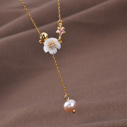 Natural Pearl Women's Shell Flower Tassel Adjustable Clavicle Chain