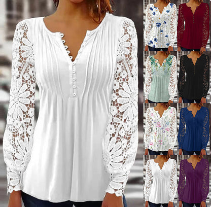 European And American Spring And Autumn Fashion Lace Lace Sleeve Pleated Solid Color Buttons T-shirt