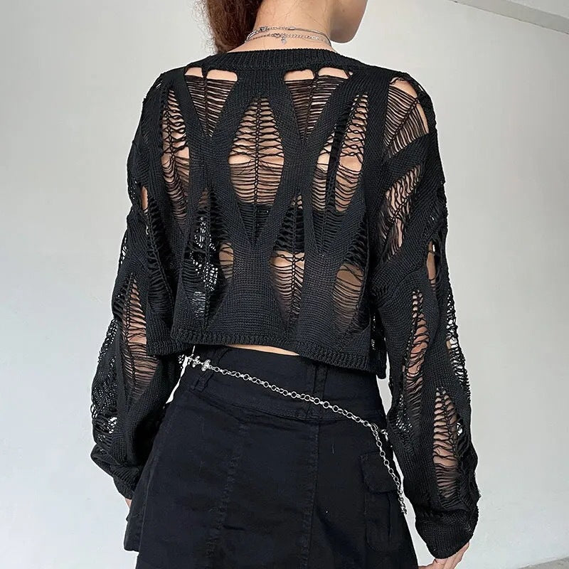 Women's Hot Girl See-through Ripped Pullover Sweater