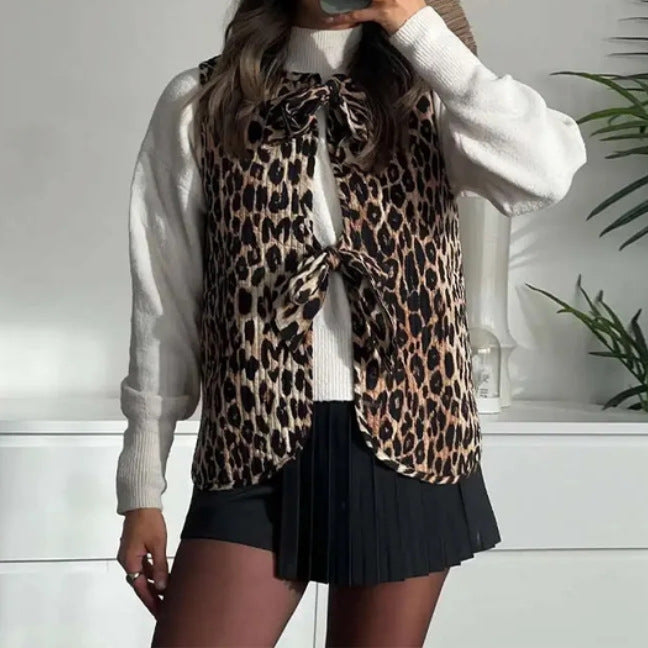 Corduroy Leopard Bow Lace Up Slim Fit Vest Top