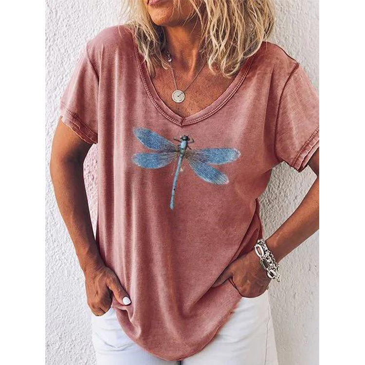 Dragonfly Printed V-neck Short Sleeve Women