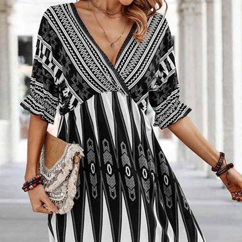 Women's Fashion V-neck Printed Short Sleeve Dress