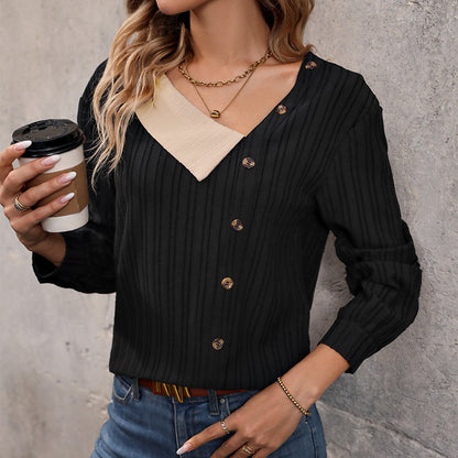 V-neck Patchwork Top Long Sleeve Buckle Women's Clothing