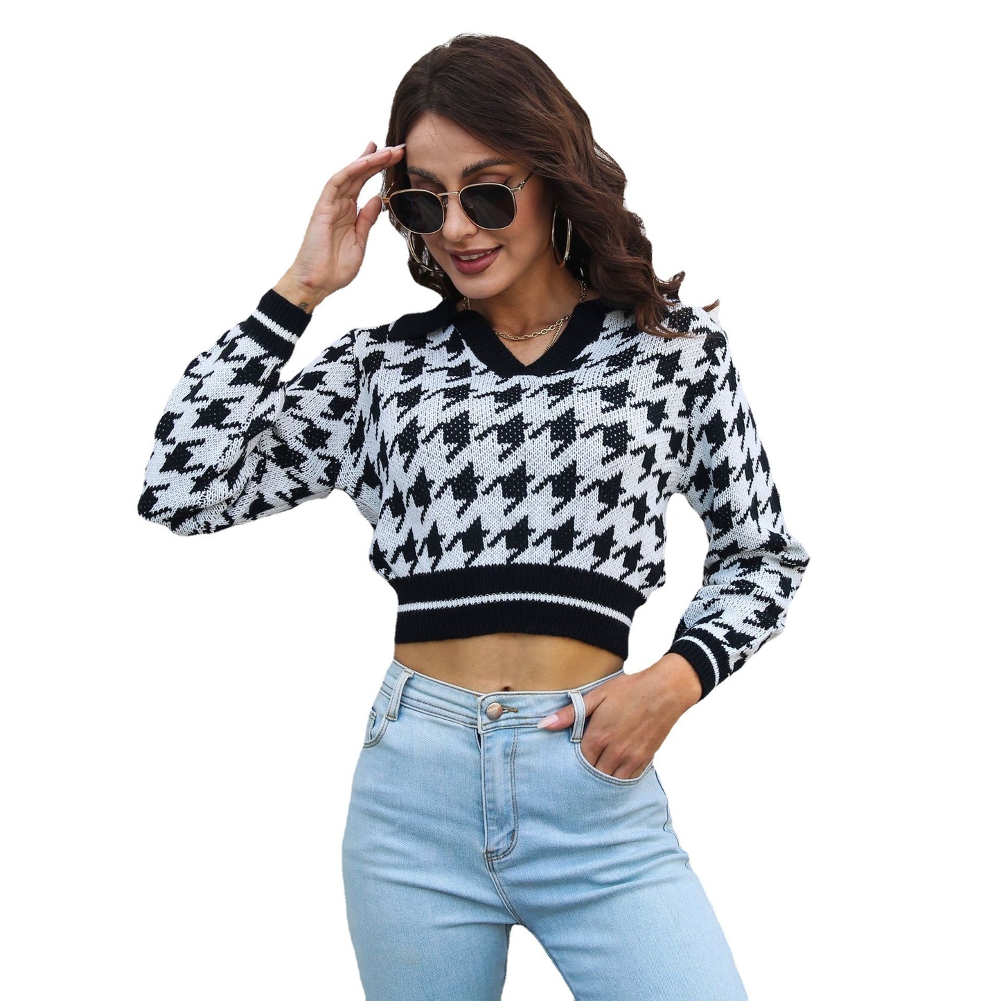 Women's Fashion Casual Houndstooth Jacquard Lapel Short Sweater