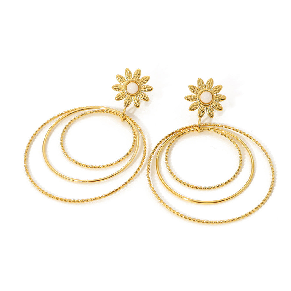 18K Gold Titanium Steel Multi-layer Circle Flower Earrings