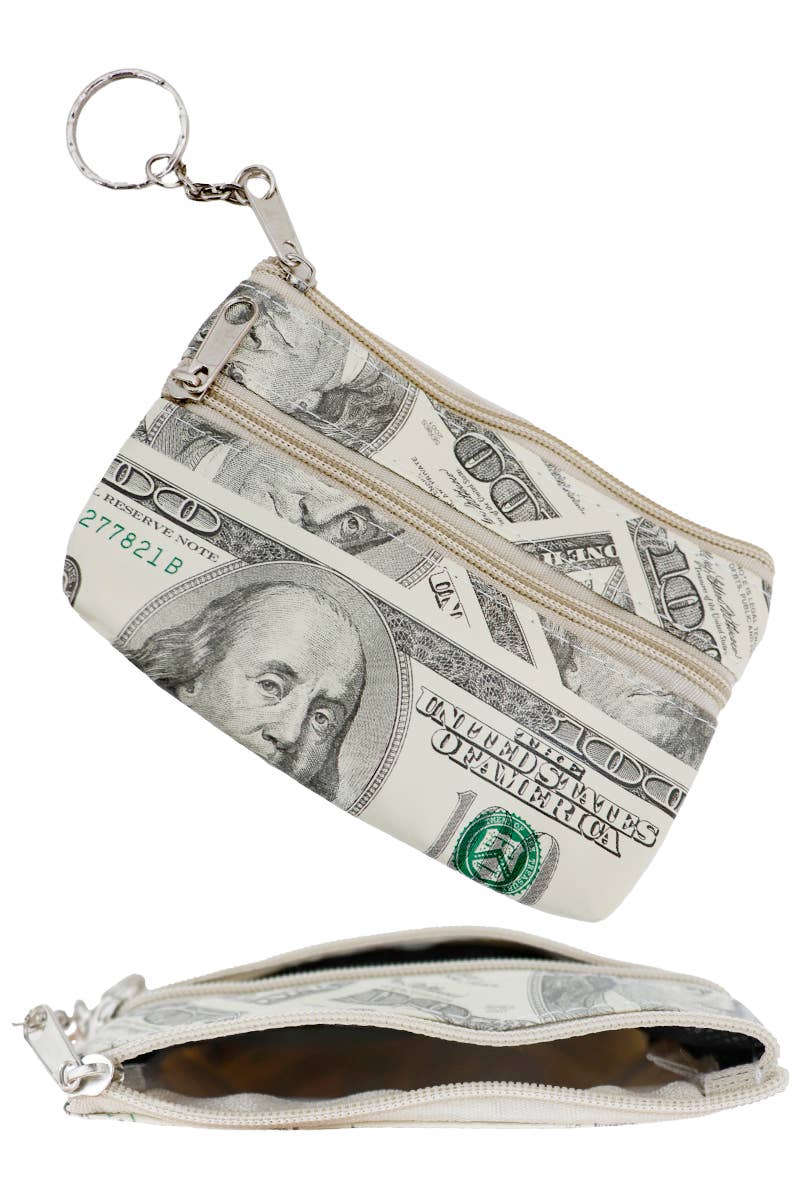 Cap Zone - 100 Dollar Bill All-Over Double Zip Coin Pouch