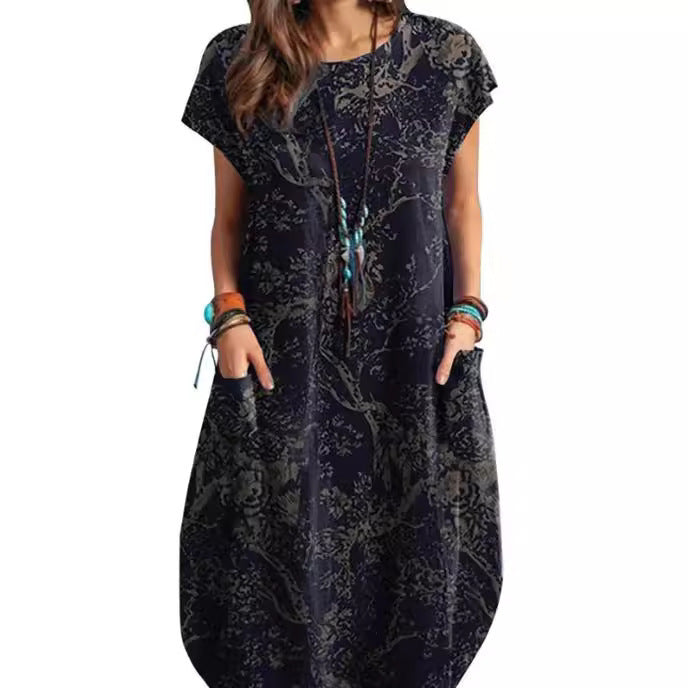 Women's Printed Crew Neck Casual Temperament Short Sleeve Dress