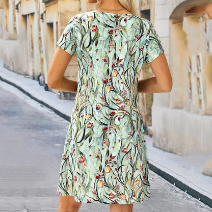 Plant Flower Printed V-neck Loose Women's Dress