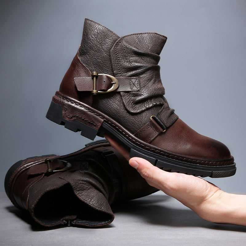 Retro Wrinkle Genuine Leather Mens Boots