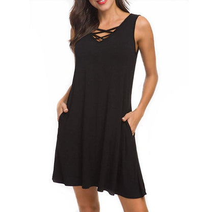 Sleeveless V-neck Belt Dress Women