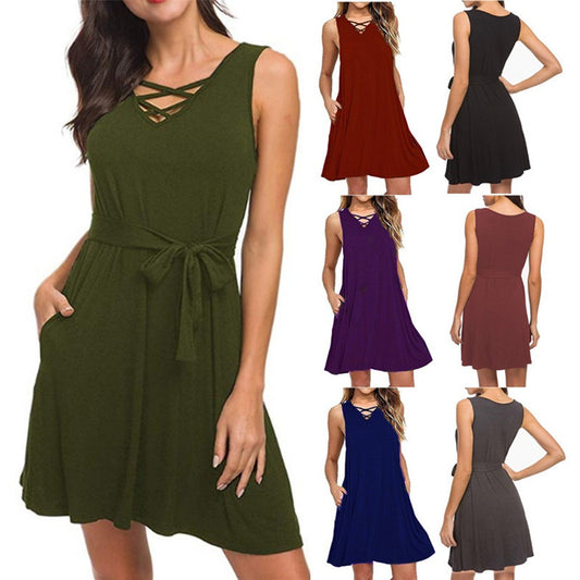 Sleeveless V-neck Belt Dress Women