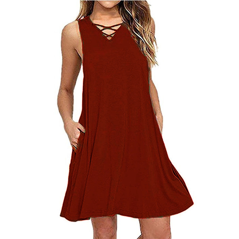 Sleeveless V-neck Belt Dress Women