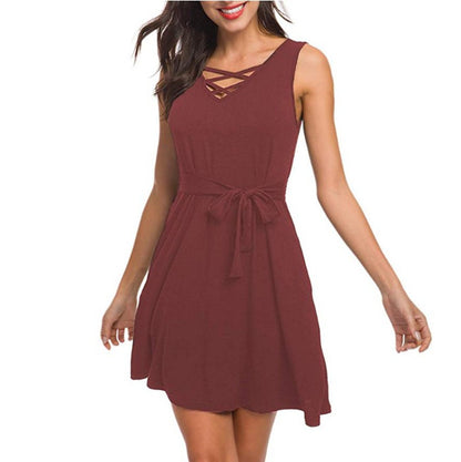 Sleeveless V-neck Belt Dress Women