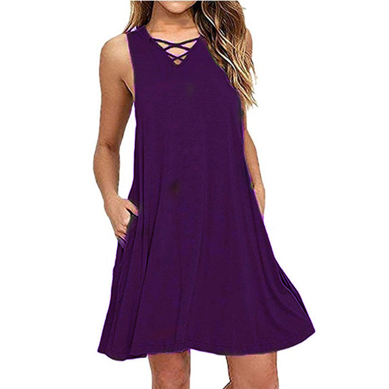 Sleeveless V-neck Belt Dress Women