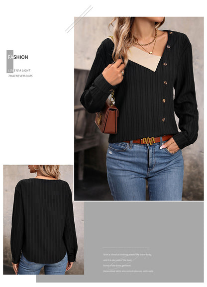 V-neck Patchwork Top Long Sleeve Buckle Women's Clothing