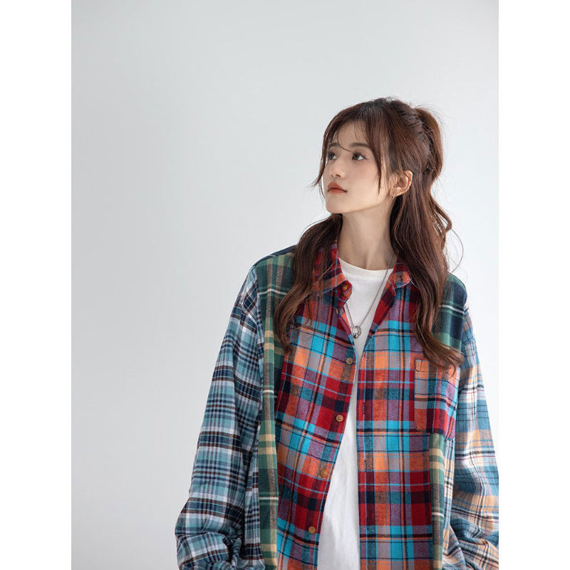 Women's Fashion Retro Spliced Plaid Blouse