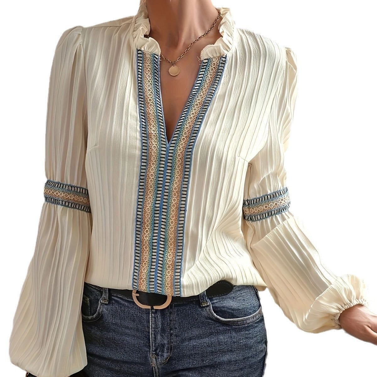 Simple Plain Lace V-neck Patchwork Shirt