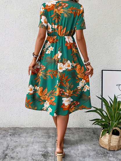 V-neck Short Sleeve Printed Midi Dress