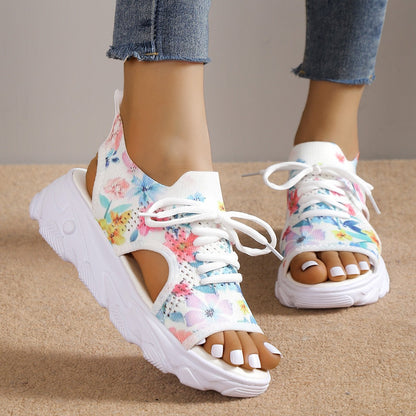 Print Lace-up Sports Sandals Summer Peep Toe Casual Mesh Shoes