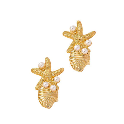 Beach Style Starfish Shell Earrings Female Vintage Pearl Ear Studs