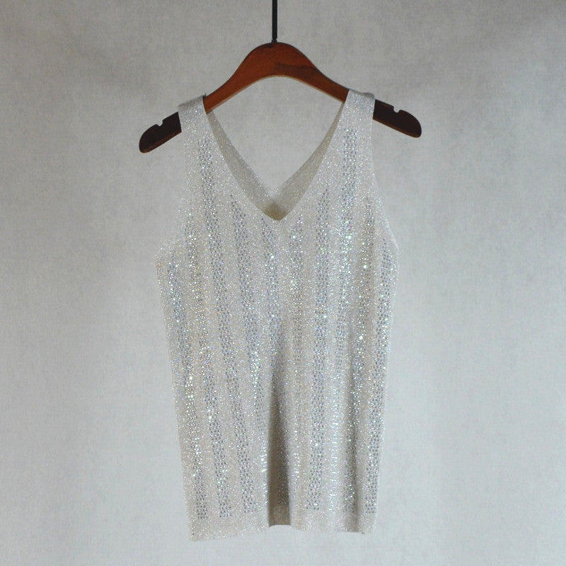 Ice Silk Silver String V-neck Knitted Vest