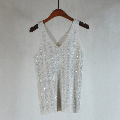 Ice Silk Silver String V-neck Knitted Vest