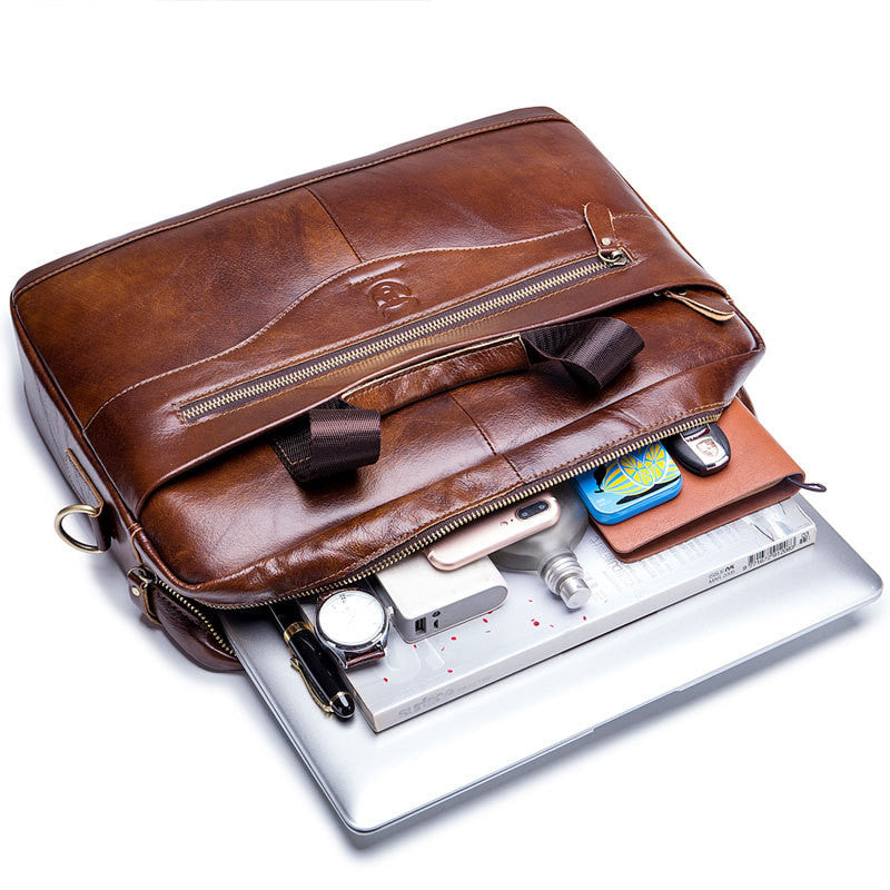 Captain Cattle Leather Goods Laptop Computer Briefcase Men's Leather Shoulder Messenger Bag Top Layer Cowhide Business Briefcase