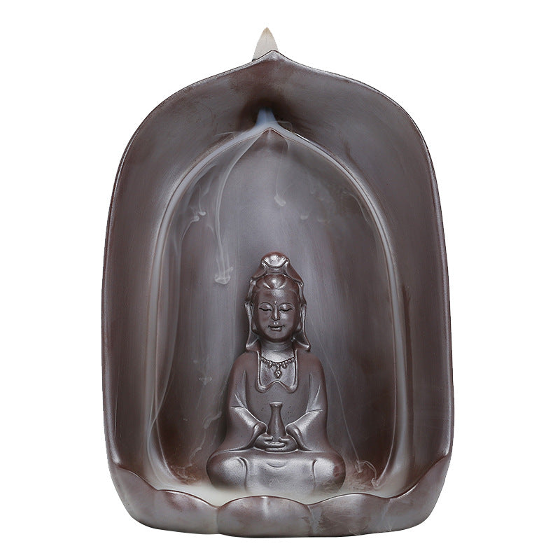 Guanyin Sitting Lotus Back Flow Incense Burner Ceramics For Buddha At Home