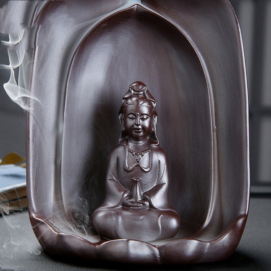 Guanyin Sitting Lotus Back Flow Incense Burner Ceramics For Buddha At Home