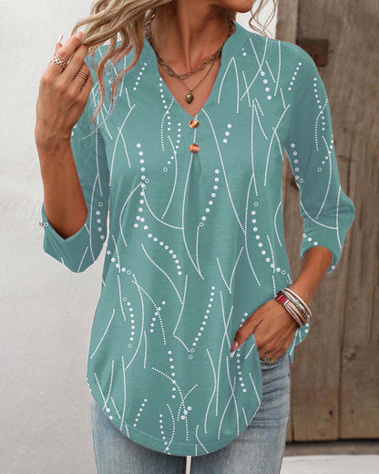 Women's Casual Button Geometric Printed Long-sleeved T-shirt