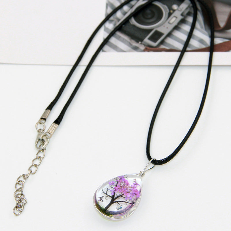 Handmade Lucky Tree Four-leaf Clover Dandelion Mori Girl Dried Flower Leather String Necklace