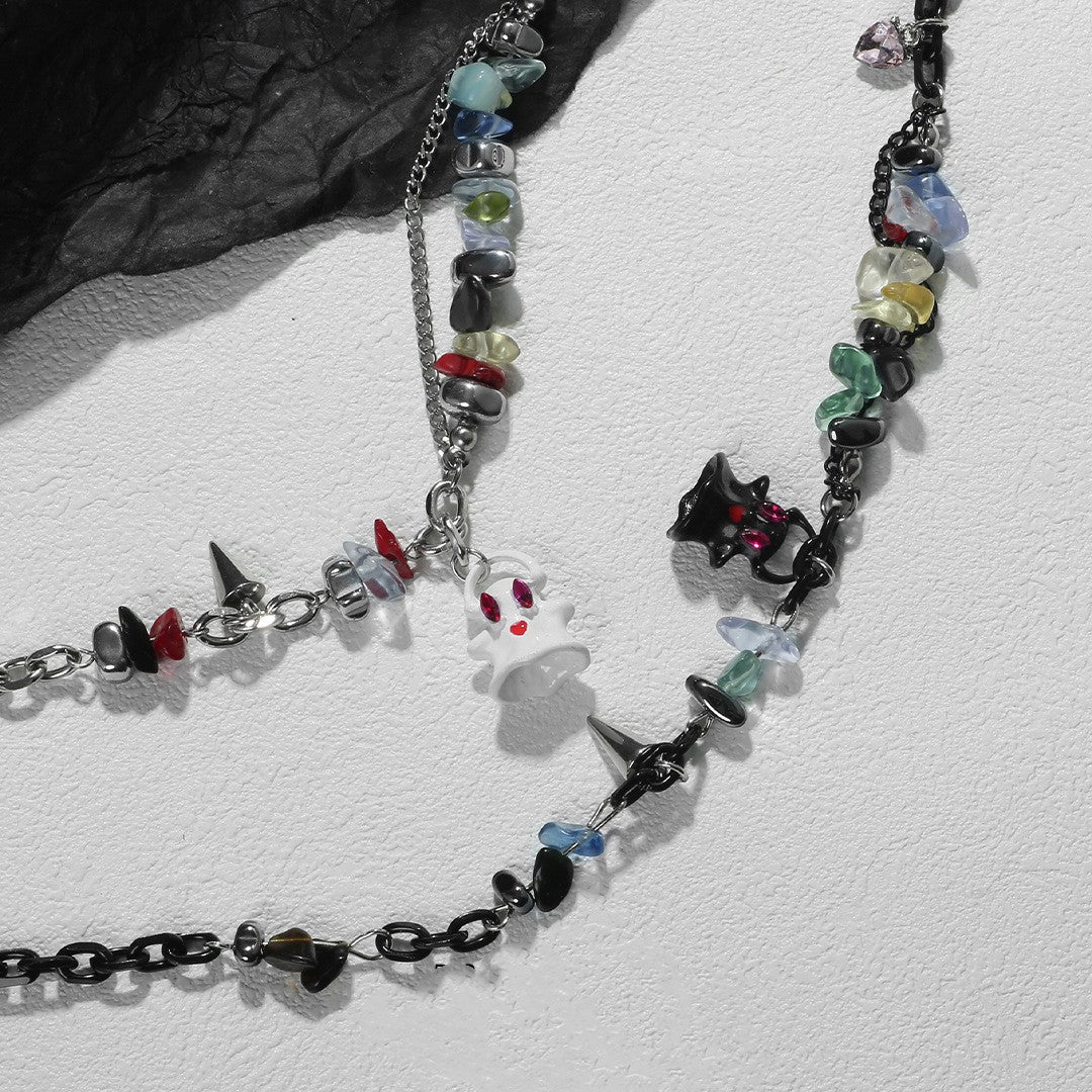 Cute Black And White Little Ghost Monster Necklace Jade Stitching